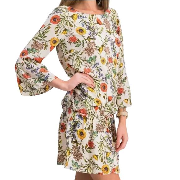 Nicole Miller Shift Dress Lined Sleeves Floral Orange Cream 12 - Picture 2 of 9